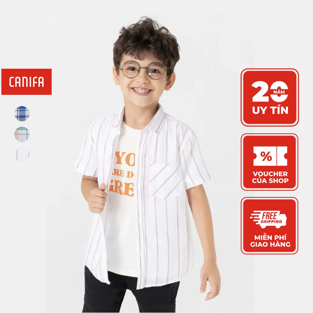 Áo sơ mi bé trai CANIFA họa tiết kẻ chất liệu 100% cotton, cổ đức tay cộc, túi ốp ngực 2TH23S002