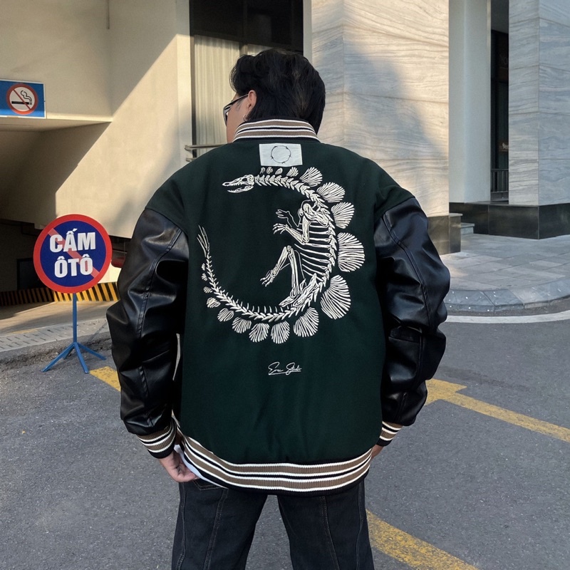 DENE Xương Khủng Long. Áo Khoác Bomber Unisex Nam Nữ Oversize Dáng Rộng