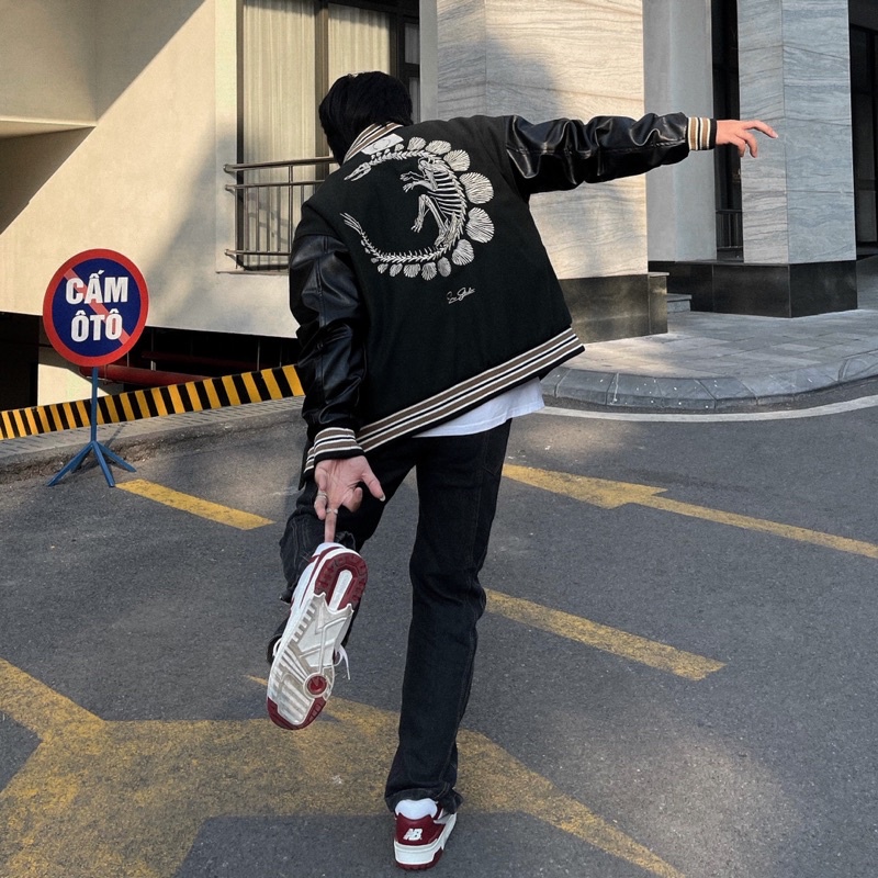 DENE Xương Khủng Long. Áo Khoác Bomber Unisex Nam Nữ Oversize Dáng Rộng