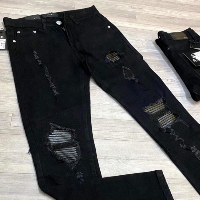 [New] Quần AMIRI Đen Vá Da Đen Nhăn 4 Cúc Quần Jean Skinny màu đen gối vá họa tiết bản cao cấp co dãn 4 chiều