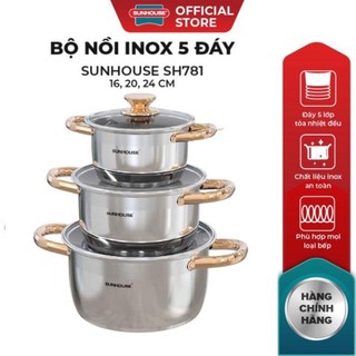 Bộ nồi inox 5 đáy sunhouse sh781 size 16cm-20cm-24cm | đáy từ dùng mọi loại bếp | 5 lớp đáy, truyền nhiệt...