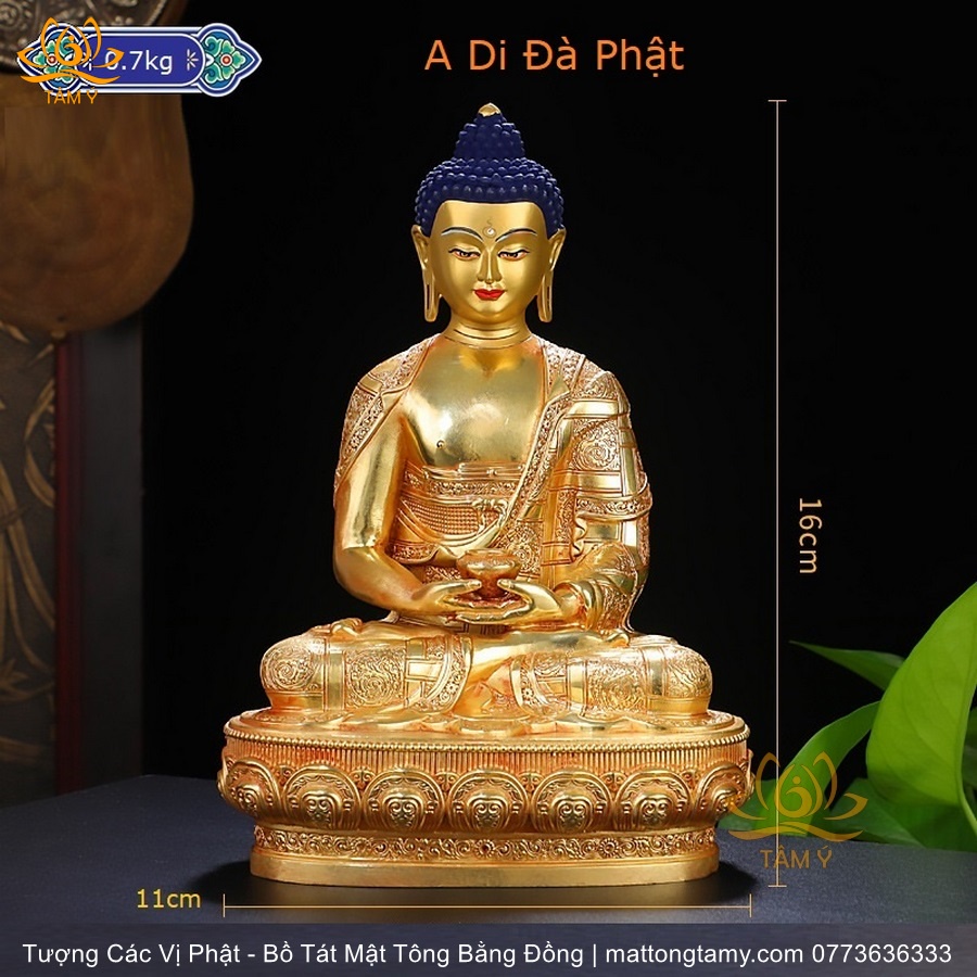 Tượng Phật A Di Đà thủ công bằng đồng cao 21cm thủ công tuyệt đẹp, pháp bảo mật tông kim cương thừa Tâm Ý