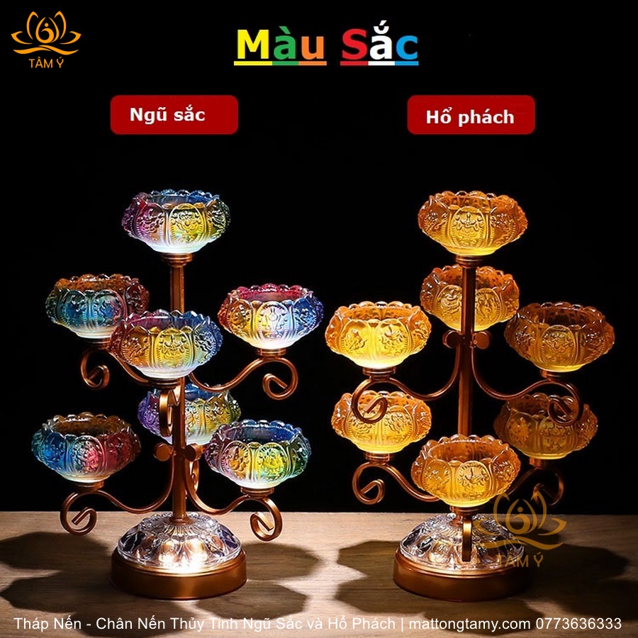 Tháp chân đế nến lưu ly bát kiết tường 7 bông và 9 bông vật phẩm thờ cúng mật tông tâm ý
