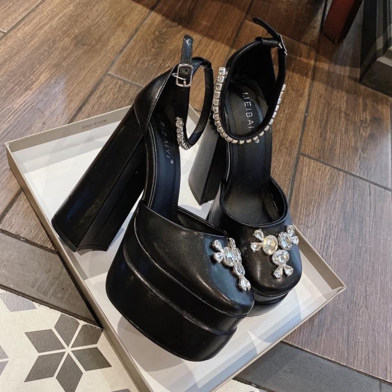 GIÀY CAO GÓT ĐÚP 15 PHÂN QUAI DA SI BÓNG PHỐI CHARM ĐÁ CAO CẤP HÀNG QUẢNG CHÂU