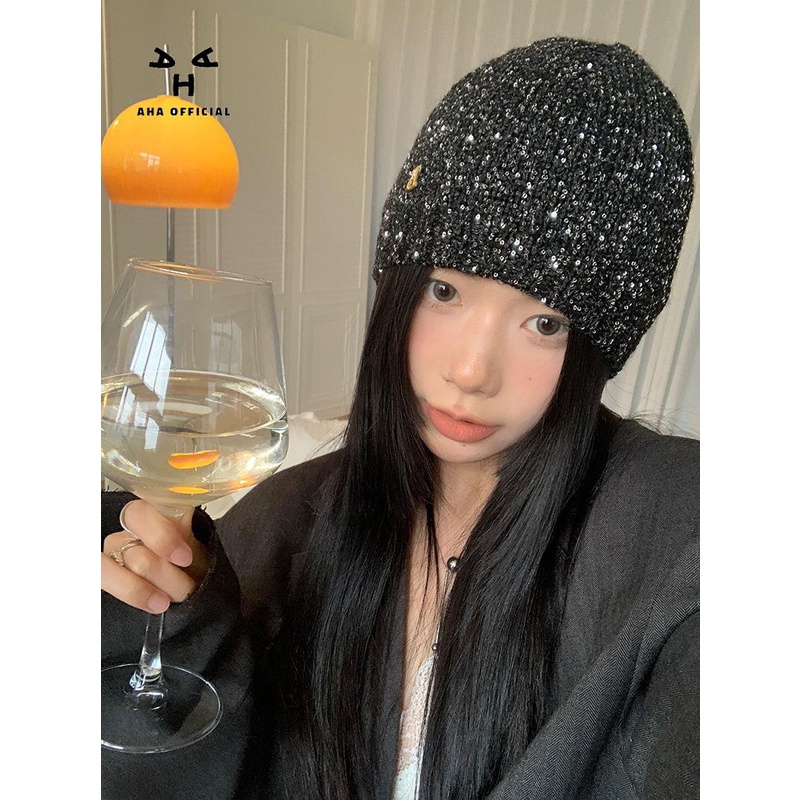 Mũ Len Đính Kim Sa Lấp Lánh Thời Trang Thu Đông Hàn Quốc