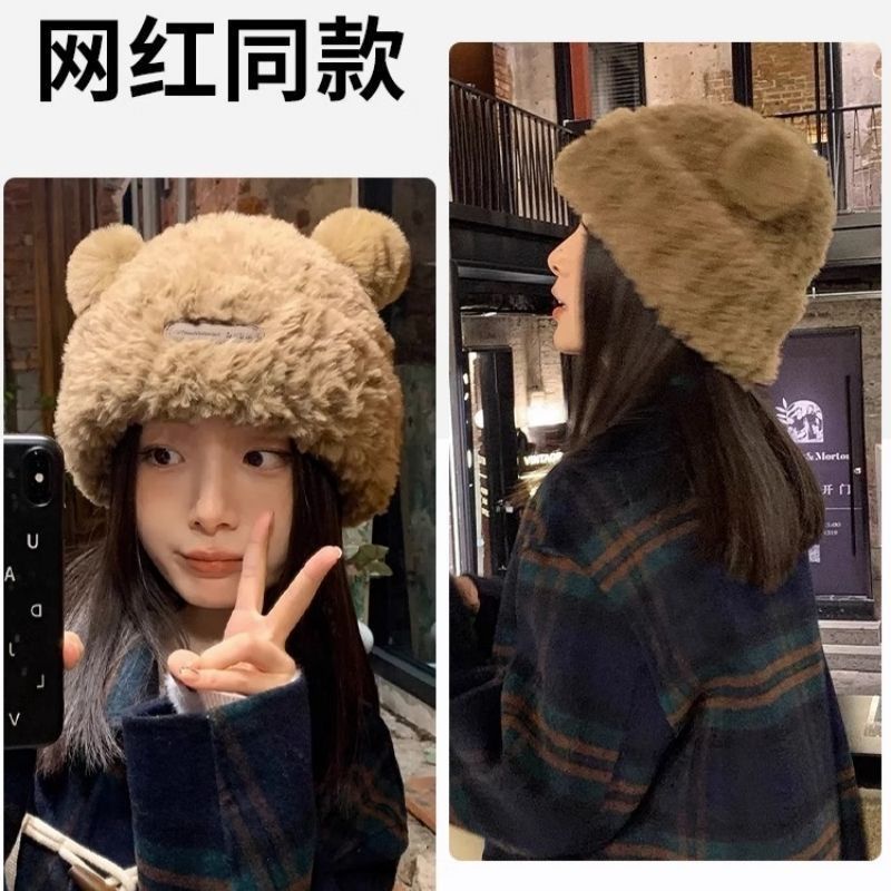 Mũ Len Dệt Kim Phối Lông Thú Dày Dặn Ấm Áp Hình Gấu Dễ Thương Thời Trang Thu Đông Cho Nữ