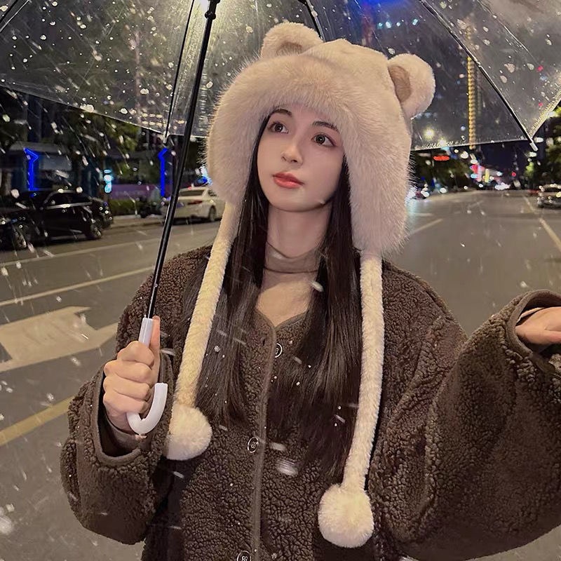 Mũ Len Trùm Tai Phối Lông Dày Dặn Giữ Ấm Mùa Đông Kiểu Dáng Dễ Thương Dành Cho Nữ