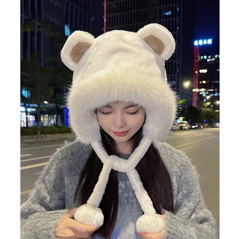 Mũ Len Trùm Tai Phối Lông Dày Dặn Giữ Ấm Mùa Đông Kiểu Dáng Dễ Thương Dành Cho Nữ