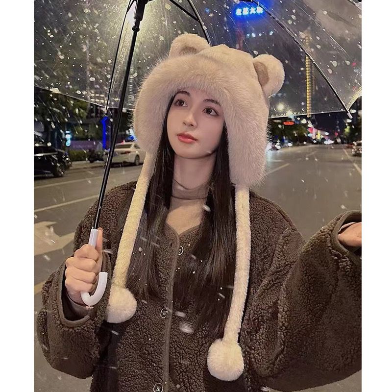 Mũ Len Trùm Tai Phối Lông Dày Dặn Giữ Ấm Mùa Đông Kiểu Dáng Dễ Thương Dành Cho Nữ