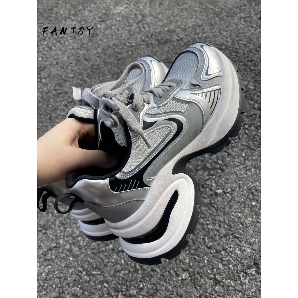 Giày Thể Thao Da Đế Dày Buộc Dây Phối Lưới Màu Bạc Thời Trang Thu Đông 2023