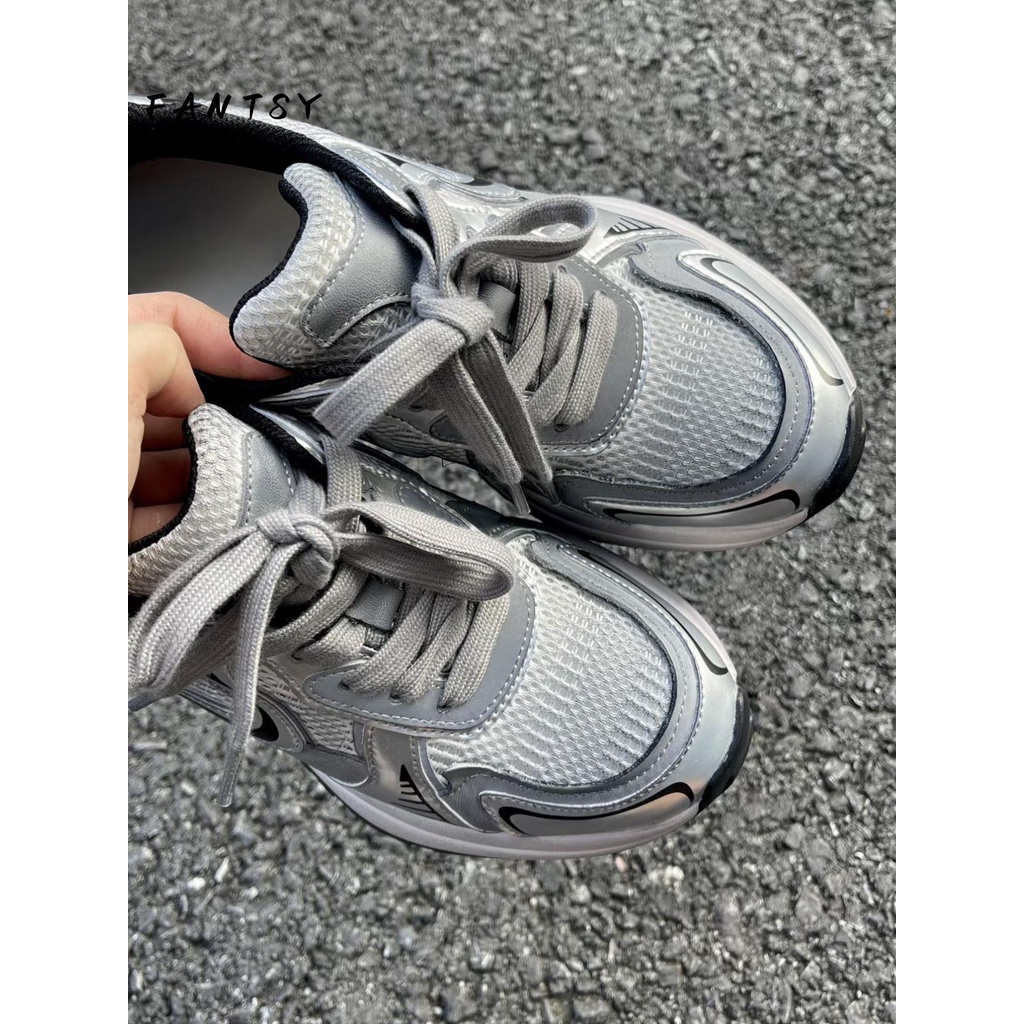 Giày Thể Thao Da Đế Dày Buộc Dây Phối Lưới Màu Bạc Thời Trang Thu Đông 2023