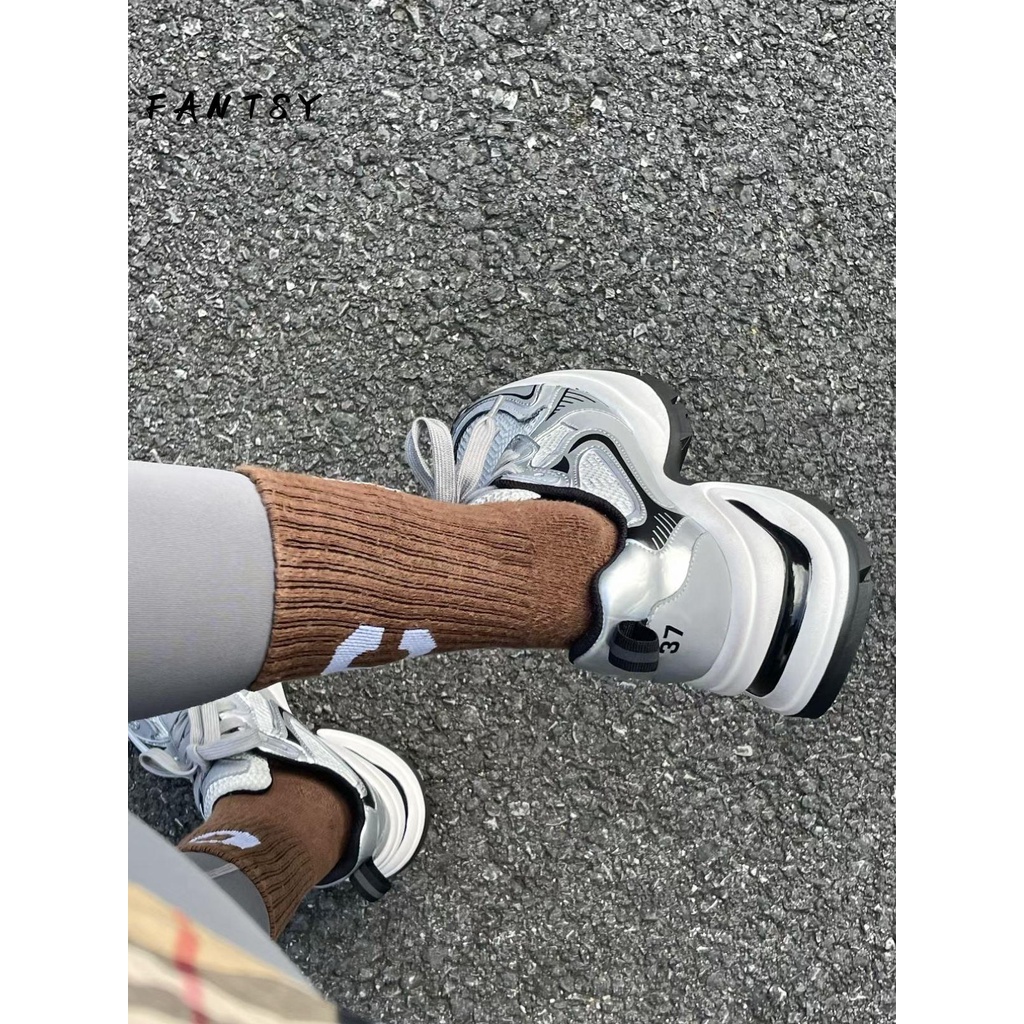 Giày Thể Thao Da Đế Dày Buộc Dây Phối Lưới Màu Bạc Thời Trang Thu Đông 2023