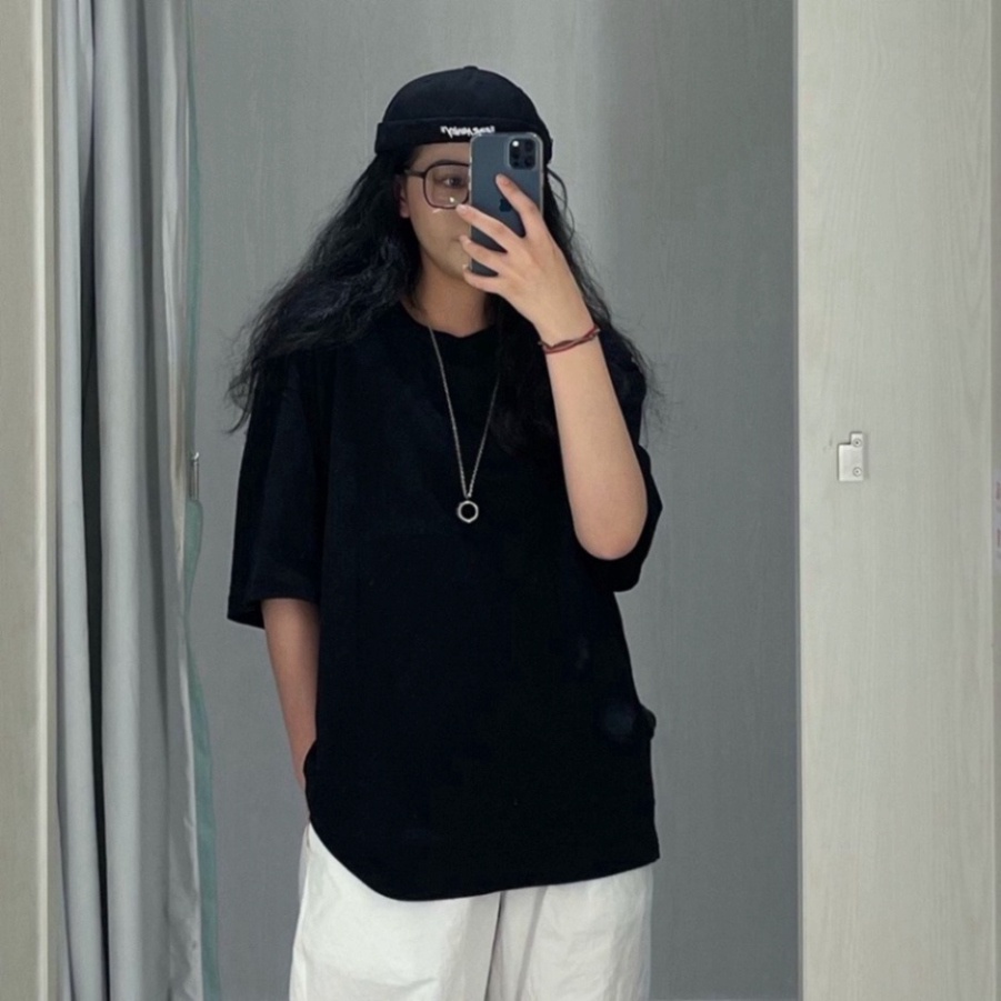 Áo thun trơn nữ form rộng vải cotton cổ hình tròn in basic