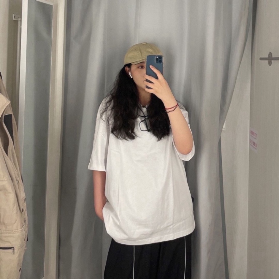 Áo thun trơn nữ form rộng vải cotton cổ hình tròn in basic