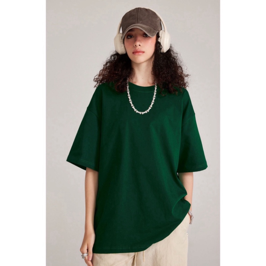 Áo thun trơn nữ form rộng vải cotton cổ hình tròn in basic