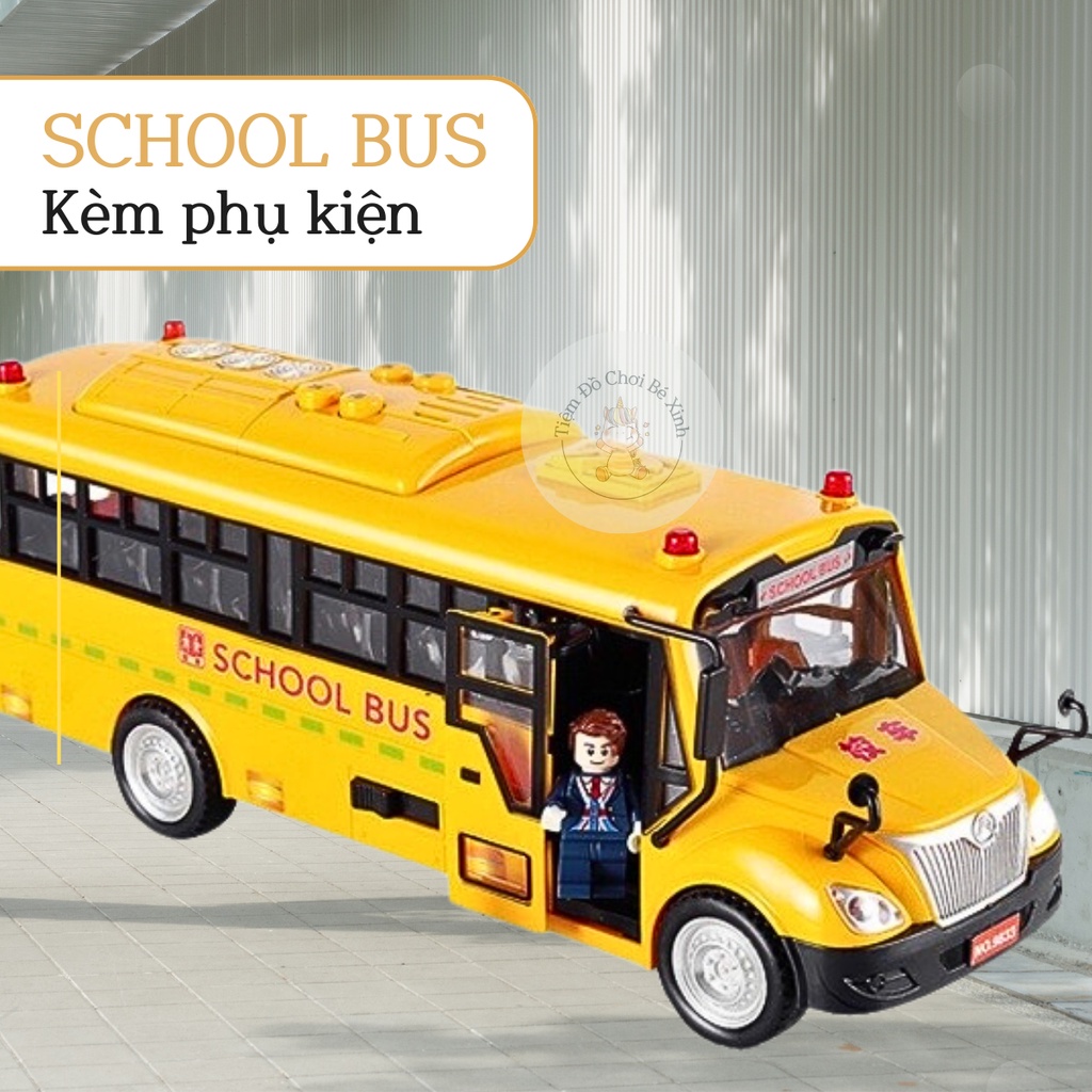 Đồ Chơi Ô Tô Mô Hình Xe Buýt School Bus Cho Trẻ Em Mở Các Cửa, Có Đèn, Âm Thanh, Hành Khách Và Đèn Giao Thông