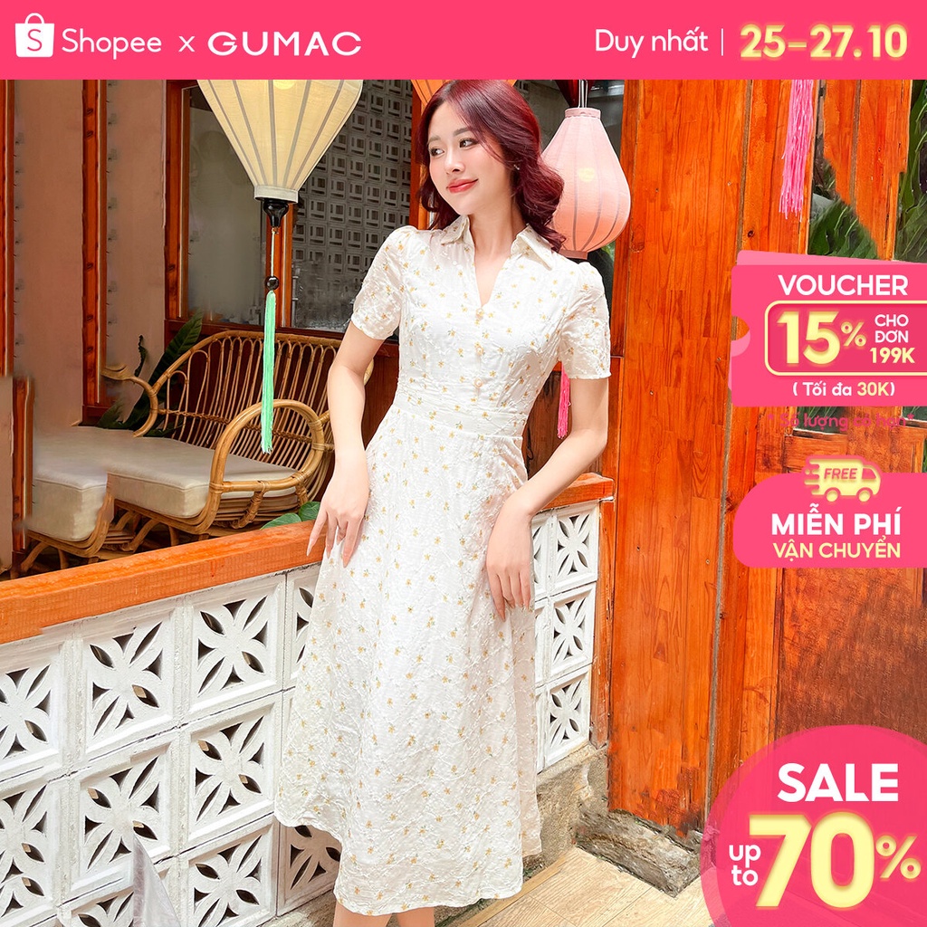 Đầm phom A nữ GUMAC DD09007 cổ sơ mi xẻ V có cài nút trang trí