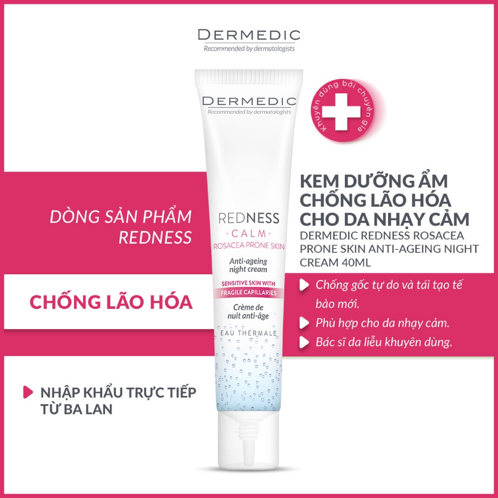 Dermedic Redness Rosacea Prone Skin Anti-Ageing Night Cream - Kem dưỡng đêm chống lão hóa cho da nhạy cảm mẫn đỏ - 40ml