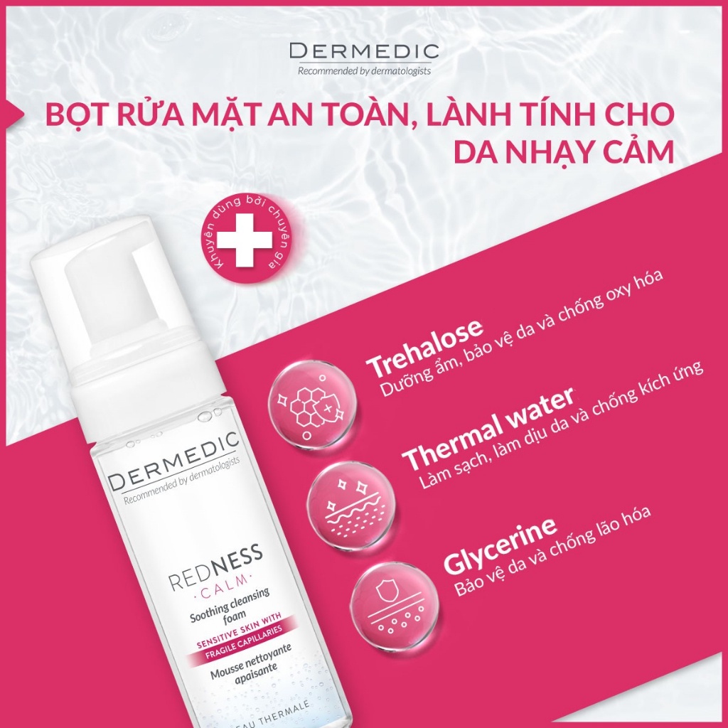 Bọt rửa mặt dành cho da nhạy cảm Dermedic Redness Soothing Cleansing Foam 170ml