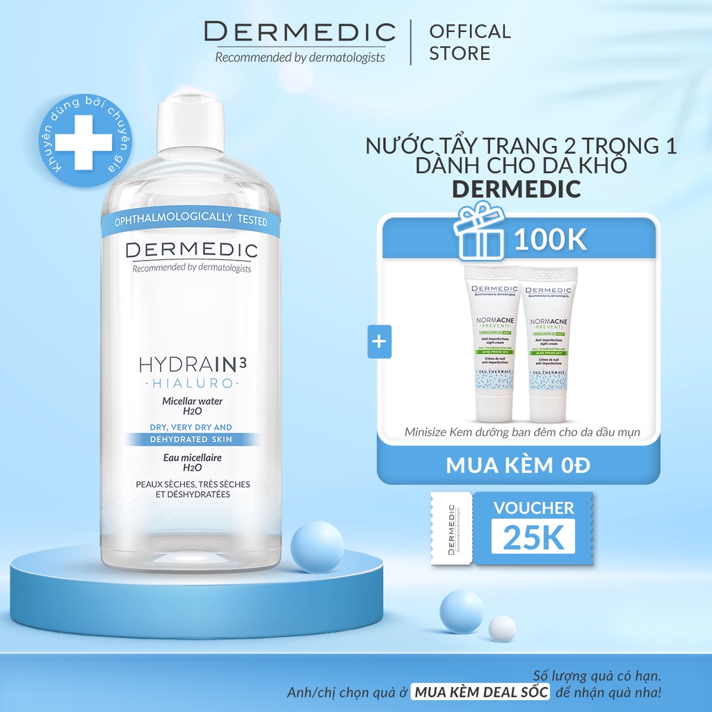 Nước tẩy trang 2 trong 1 dành cho da khô Dermedic Hydrain3 Hialuro Micellar Water H2O 500ml