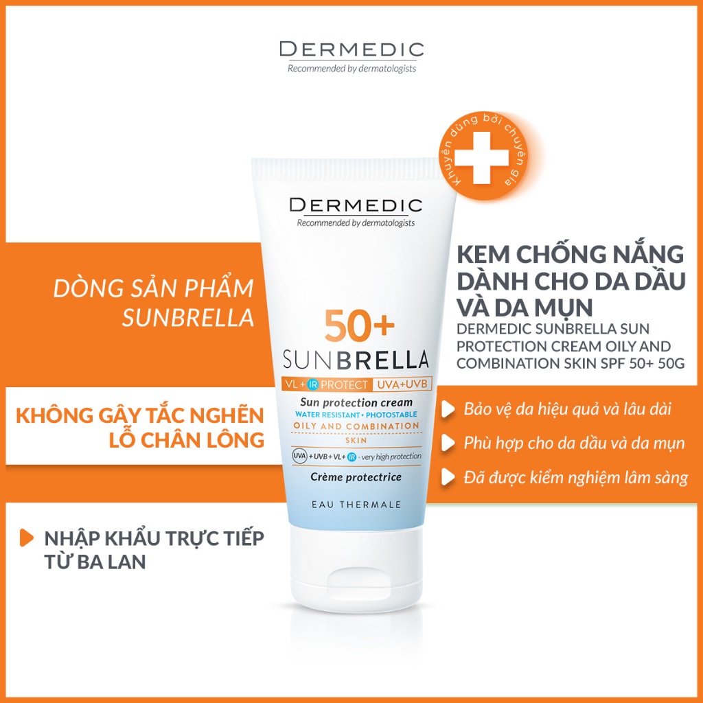 Kem chống nắng dành cho da dầu Dermedic Sunbrella Sun Protection Cream Oily and Combination Skin SPF 50+ (50g)