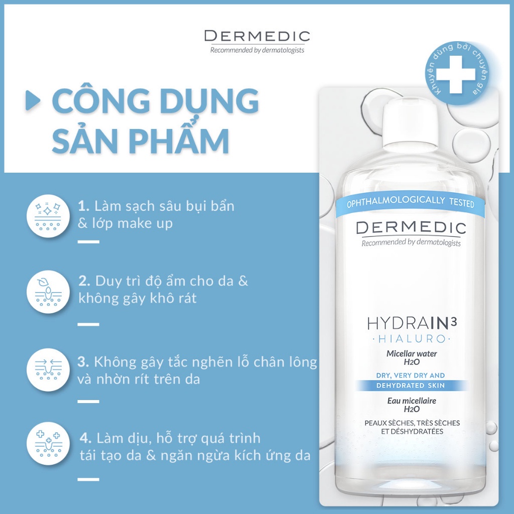 Nước tẩy trang 2 trong 1 dành cho da khô Dermedic Hydrain3 Hialuro Micellar Water H2O 500ml