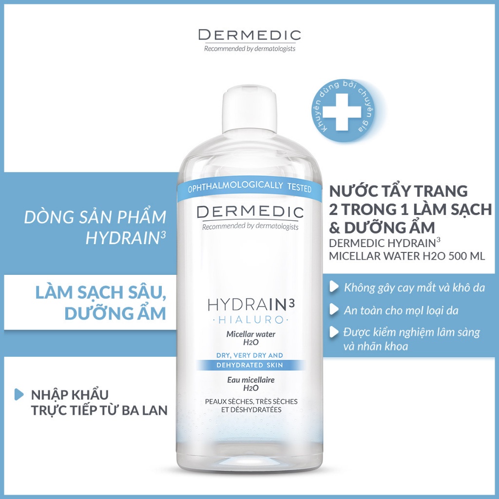 Nước tẩy trang 2 trong 1 dành cho da khô Dermedic Hydrain3 Hialuro Micellar Water H2O 500ml