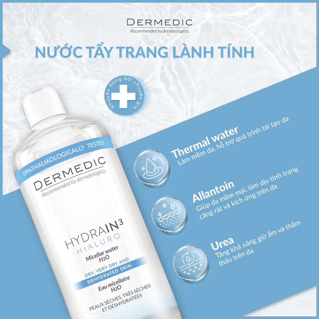 Nước tẩy trang 2 trong 1 dành cho da khô Dermedic Hydrain3 Hialuro Micellar Water H2O 500ml