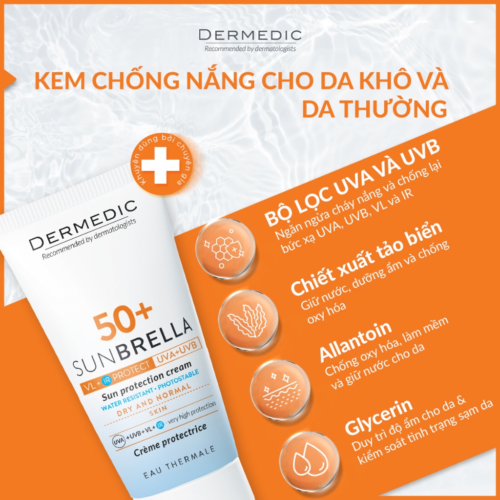 Kem chống nắng dành cho da khô Dermedic Sunbrella SPF 50+ Sun Protection Cream Dry And Normal Skin 50g