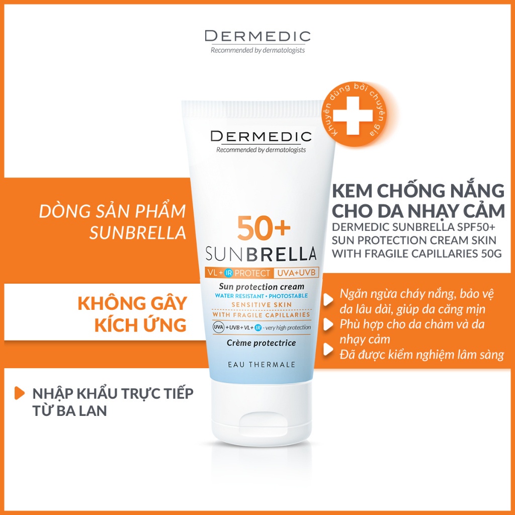 Kem chống nắng cho da nhạy cảm Dermedic Sunbrella SPF50+ Sun Protection Cream Skin With Fragile Capillaries 50g