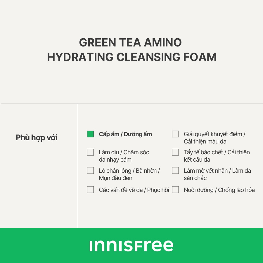 [Mã COSINNIJ - 8% đơn 250K] Sữa rửa mặt dưỡng ẩm da innisfree Green Tea Amino Cleansing Foam 150g