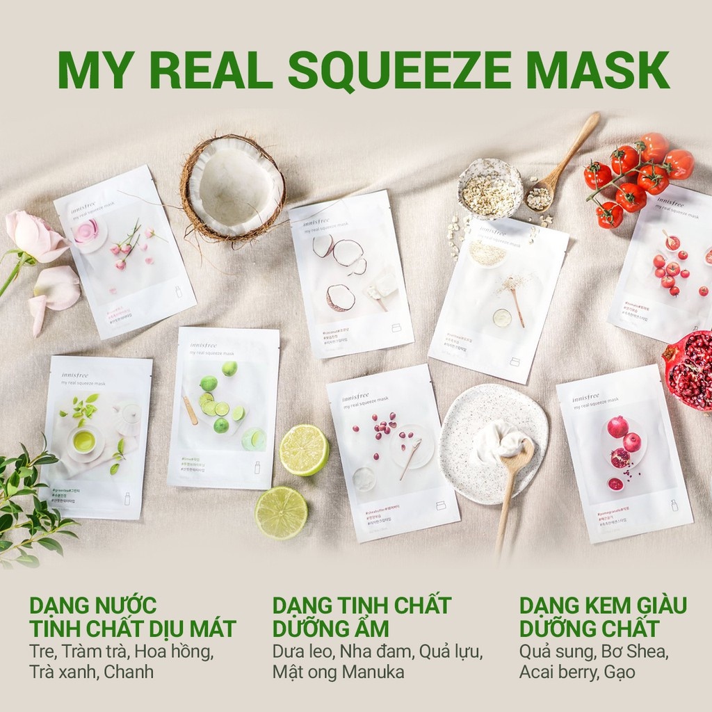 (Quà tặng) Bộ 10 Mặt nạ giấy dưỡng da Hàn Quốc innisfree My Real Squeeze Mask 20ml Yuzu - Trà Xanh Green Tea