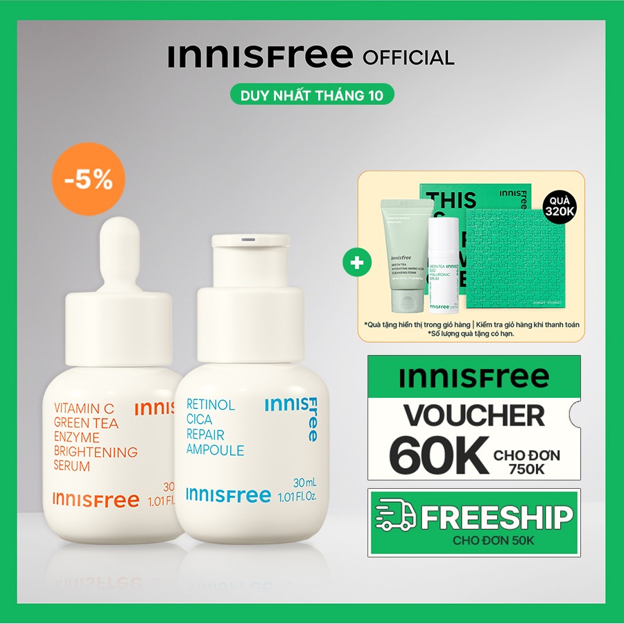 Bộ đôi serum ngày đêm dưỡng sáng và phục hồi da Vitamin C Green Tea Enzyme 30ml & Retinol Cica Repair Ampoule 30ml