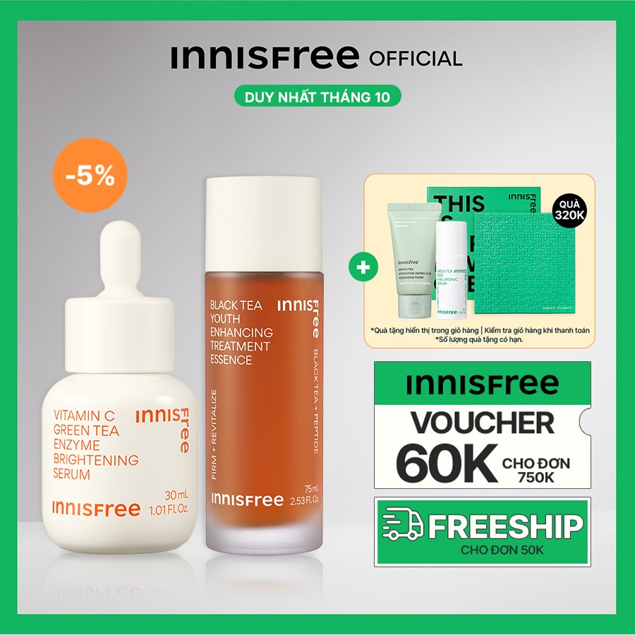 Bộ Nước dưỡng ngừa lão hóa từ trà đen 75ml và Tinh chất dưỡng sáng da Vitamin C Brightening 30ml