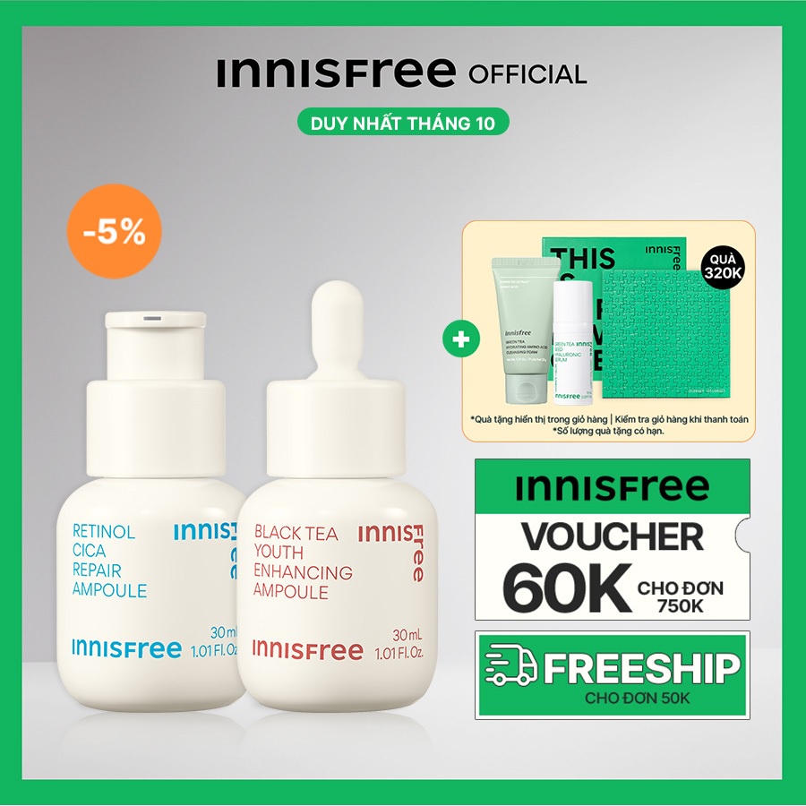 Bộ Tinh chất phục hồi chống lão hóa da Innisfree Black Tea Youth Ampoule 30mL & Retinol Cica Repair Ampoule 30ml