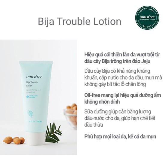 Sữa dưỡng dành cho da mụn Innisfree Bija Trouble Lotion 100ml