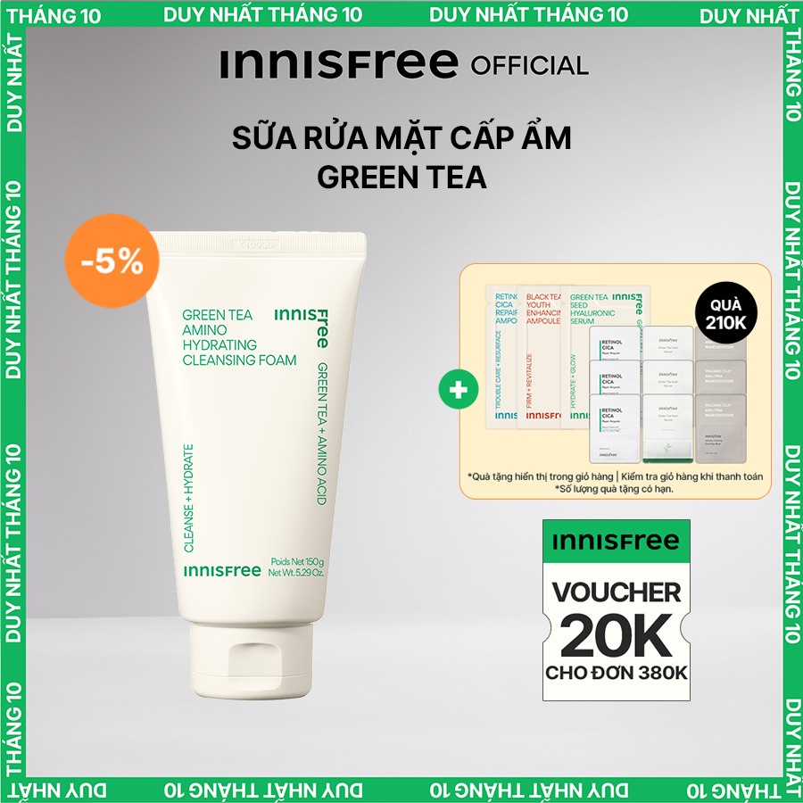 [Mã COSINNIJ - 8% đơn 250K] Sữa rửa mặt dưỡng ẩm da innisfree Green Tea Amino Cleansing Foam 150g