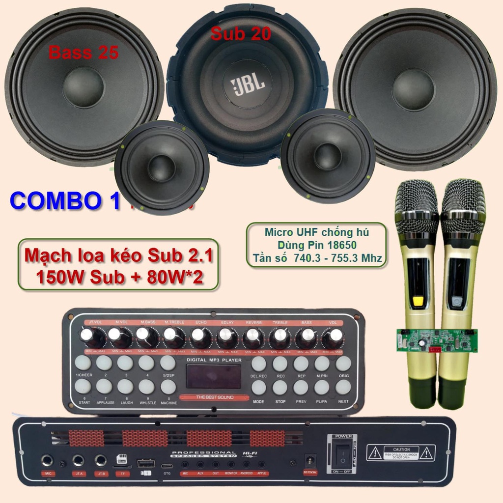 Mạch loa kéo 2.1 K10 Sub 20 Bass 25 đôi 150W + 80W*2 DSP lập trình chống hú, Reverb Echo Delay