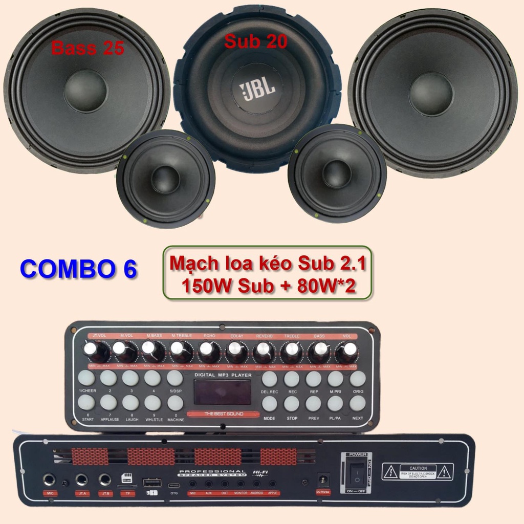 Mạch loa kéo 2.1 K10 Sub 20 Bass 25 đôi 150W + 80W*2 DSP lập trình chống hú, Reverb Echo Delay