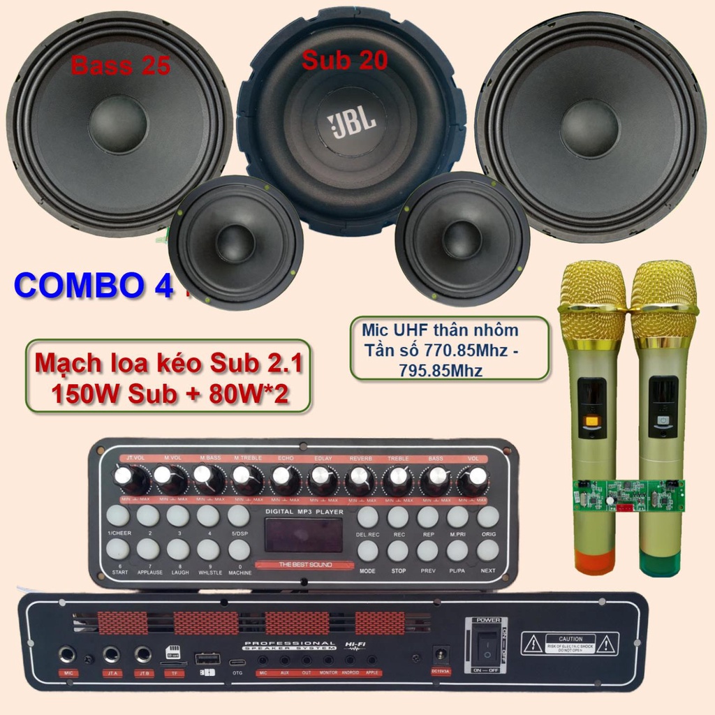 Mạch loa kéo 2.1 K10 Sub 20 Bass 25 đôi 150W + 80W*2 DSP lập trình chống hú, Reverb Echo Delay