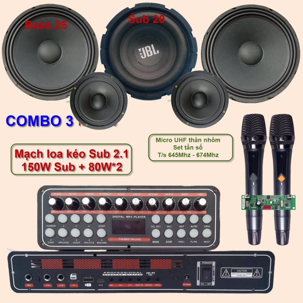 Mạch loa kéo 2.1 K10 Sub 20 Bass 25 đôi 150W + 80W*2 DSP lập trình chống hú, Reverb Echo Delay