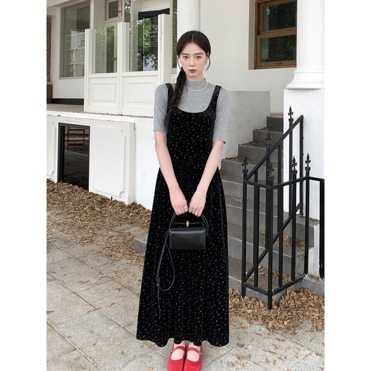 Set Áo Thun Cổ Cao + Đầm Nhung Sát Nách Phong Cách Mùa Thu Mới Cho Nữ