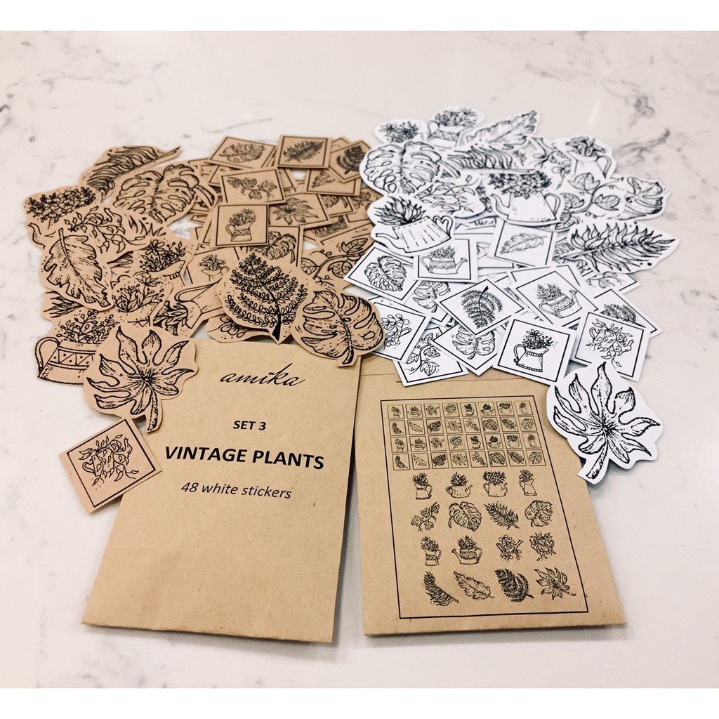SET 3: 48 stickers họa tiết bình hoa, cành lá vintage (trang trí sổ tay, planner, bullet journal, laptop...)