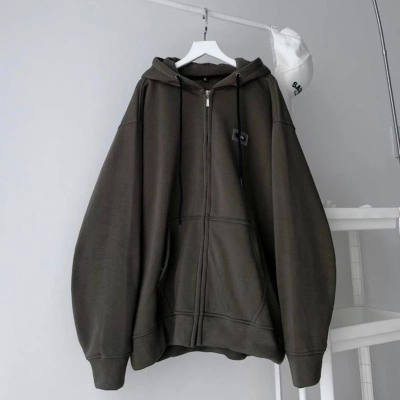 ÁO KHOÁC NỈ MŨ TRẦN 2 LỚP BẢN THÊU CHỮ WZH,form rộng tay dài unisex oversize nam nữ đều mặc đc