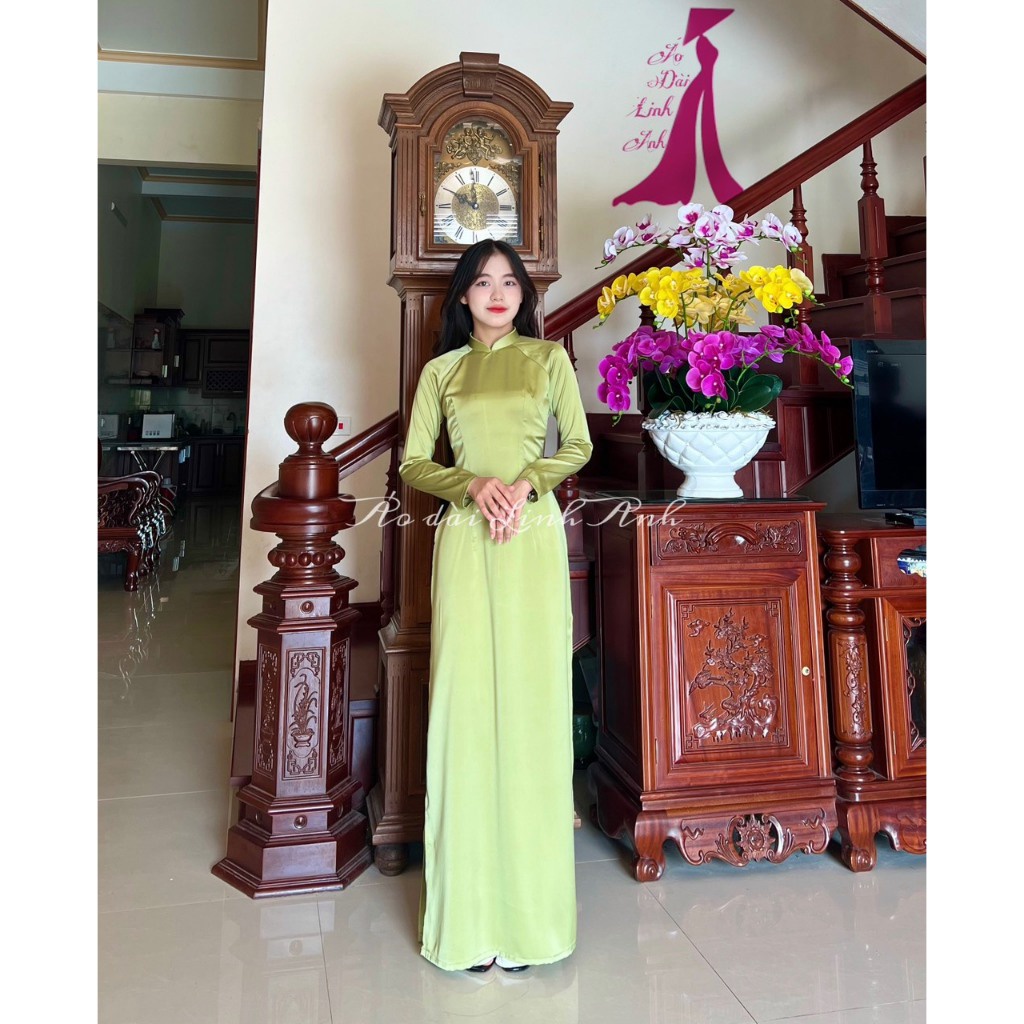 Áo dài lụa truyền thống nữ , chất lụa mềm mịn, cổ truyền thống 3cm, tay dài hàng may sẵn màu Xanh - T2 .