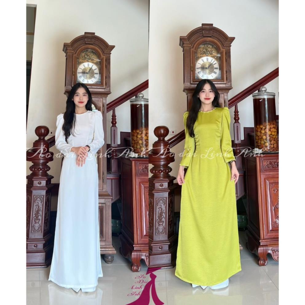 Áo dài lụa truyền thống nữ tay bồng, chất lụa mềm mịn, kiểu tay bồng, cổ đính hạt trẻ trung hàng may sẵn - T20 .