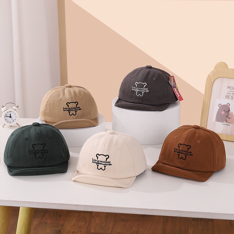 Mũ lưỡi trai cotton mềm màu trơn thêu Gấu cho bé 3-24 tháng