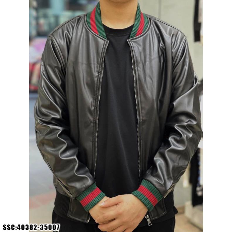 Áo Khoác Bomber Da Nam Nữ GC Da Đen Bóng Trơn Phối Bo Chun Sọc Xanh Đỏ Lót Gió 2 Lớp Dày Dặn Hàng Siêu Cấp Cho Boy