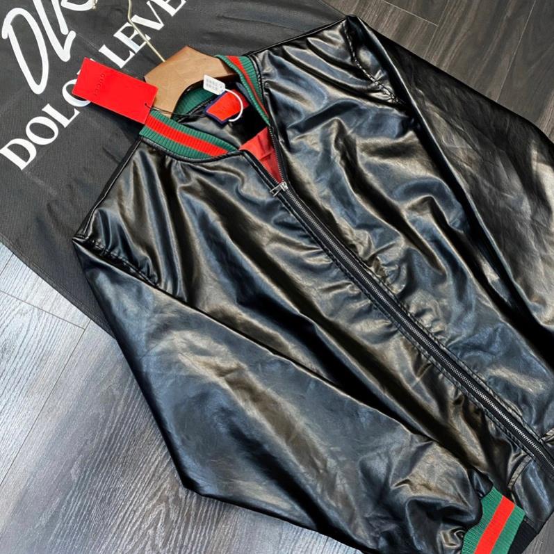 Áo Khoác Bomber Da Nam Nữ GC Da Đen Bóng Trơn Phối Bo Chun Sọc Xanh Đỏ Lót Gió 2 Lớp Dày Dặn Hàng Siêu Cấp Cho Boy