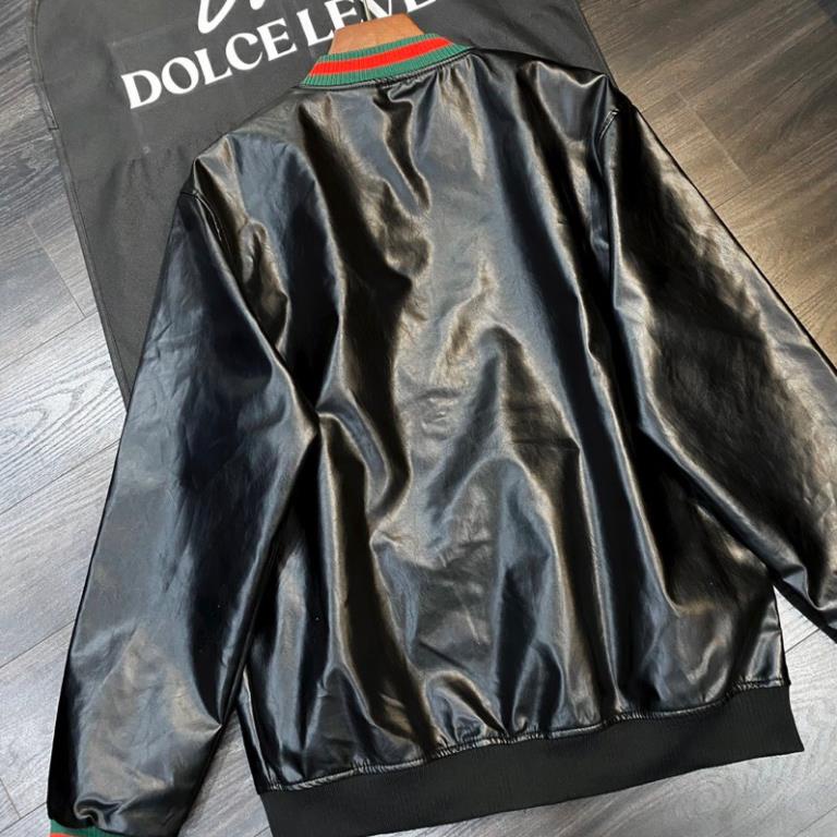 Áo Khoác Bomber Da Nam Nữ GC Da Đen Bóng Trơn Phối Bo Chun Sọc Xanh Đỏ Lót Gió 2 Lớp Dày Dặn Hàng Siêu Cấp Cho Boy